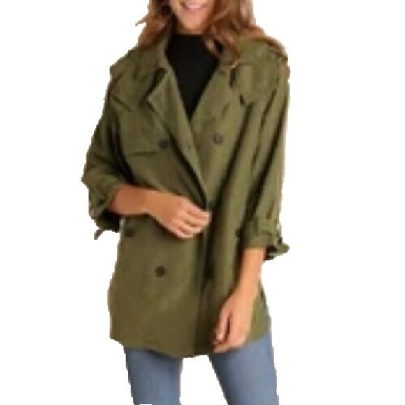 Umgee Womens Utility Jacket Size Small Olive Green Double Breasted Hooded BOHO - Picture 2 of 12